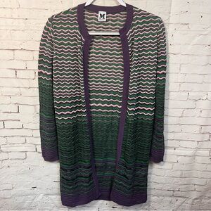 Missoni Size 8 Purple Green Pink Open Front Cardigan Duster Chevron